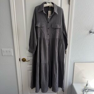 NWT Modesees Maxi Shirt Dress Relaxed Silhouette Gray Crinkle Sz M